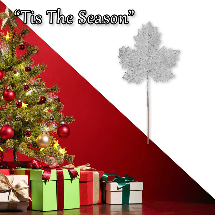 Christmas Glitter Maple Leaf Spray Decoration 45cm x 22cm Silver X 1