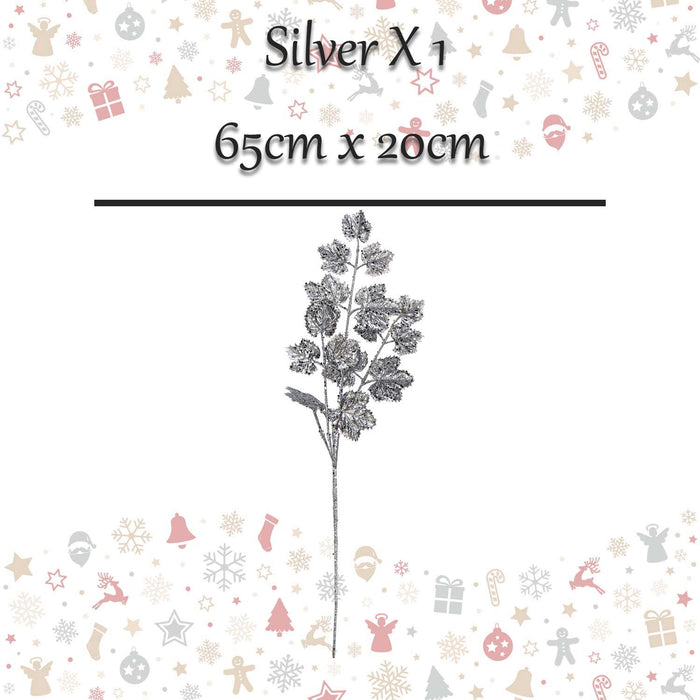Christmas Long Stem with Glitter Decoration 65cm x 20cm Silver X 1