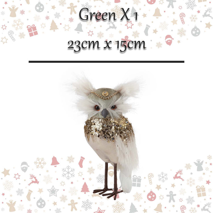 Christmas Velvet Owl Decoration 23cm x 15cm Green X 1