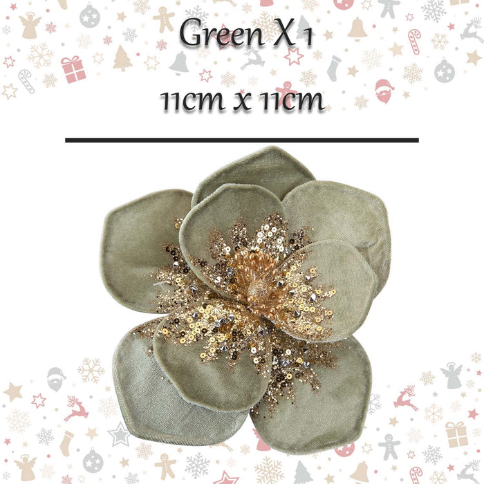 Christmas Velvet Flower Decoration 11cm x 11cm Green X 1