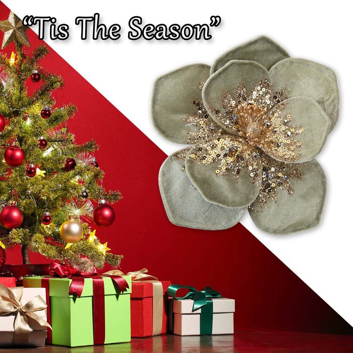 Christmas Velvet Flower Decoration 11cm x 11cm Green X 1