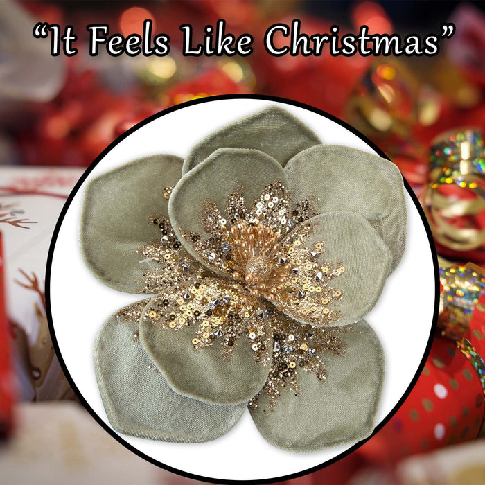Christmas Velvet Flower Decoration 11cm x 11cm Green X 1