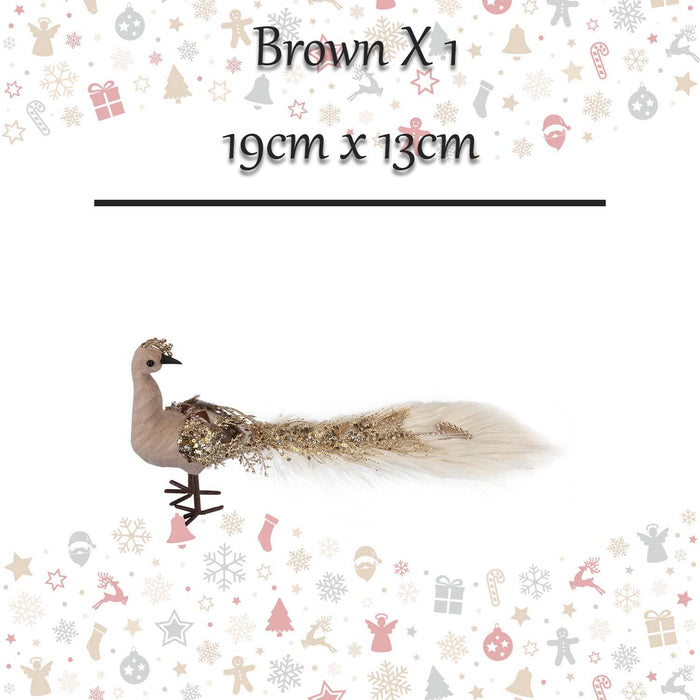Christmas Velvet Peacock Decoration 19cm x 13cm Brown X 1