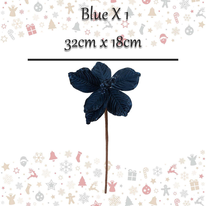 Christmas Fabric Poinsettia Pick 32cm x 18cm Blue X 1