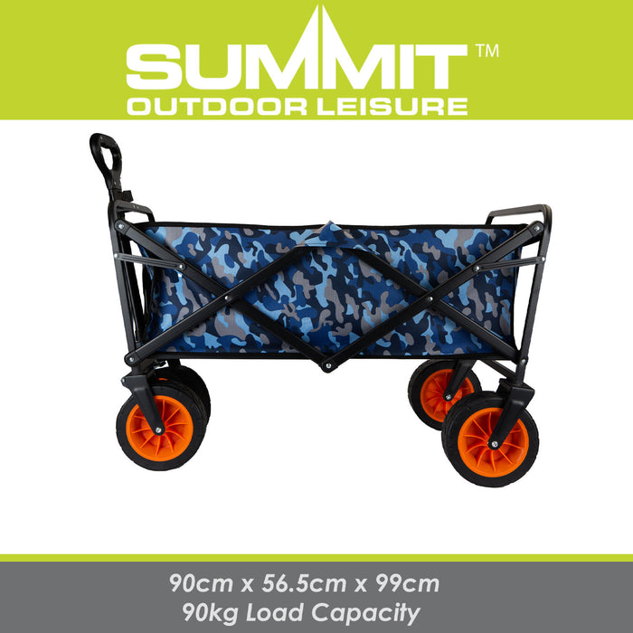 Folding Trolly Cart 90Kg Capacity Collapsible 2 Storage Pouches Blue