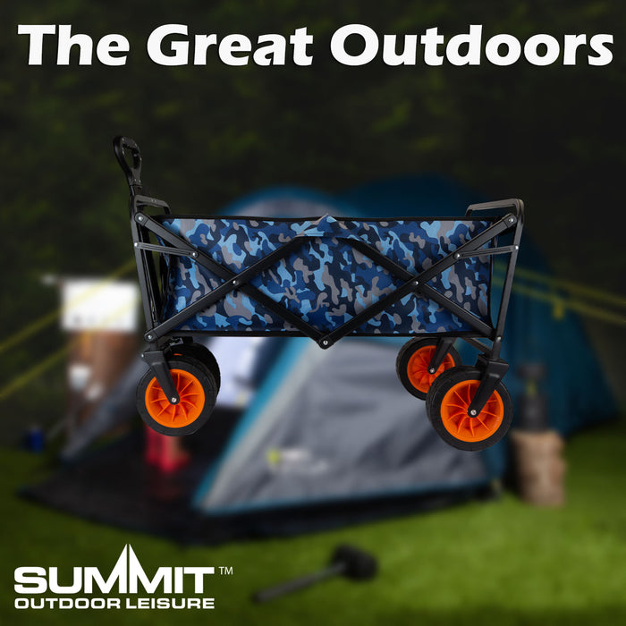 Folding Trolly Cart 90Kg Capacity Collapsible 2 Storage Pouches Blue