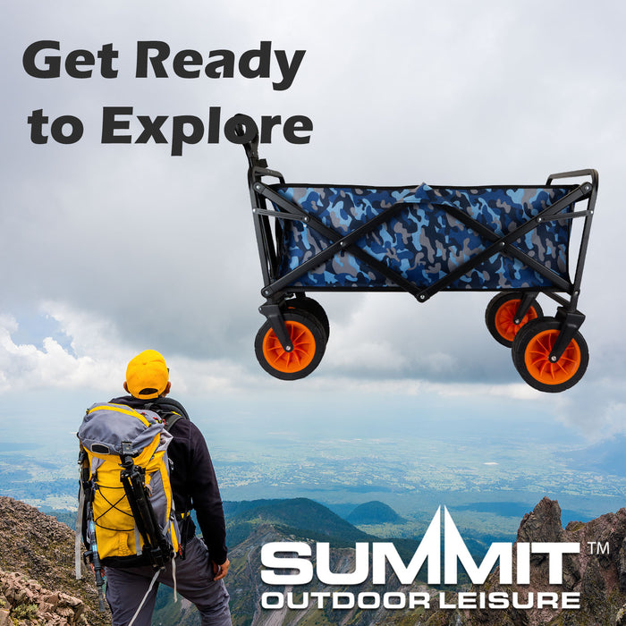 Folding Trolly Cart 90Kg Capacity Collapsible 2 Storage Pouches Blue Camo