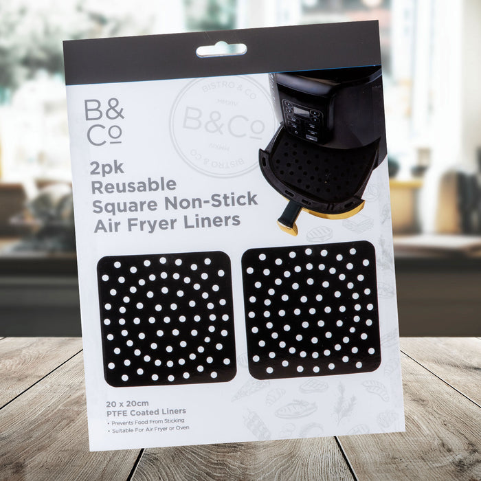 Air Fryer Liner Square 2 Pack Reusable Non Stick PTFE Liners 20 x 20cm Black