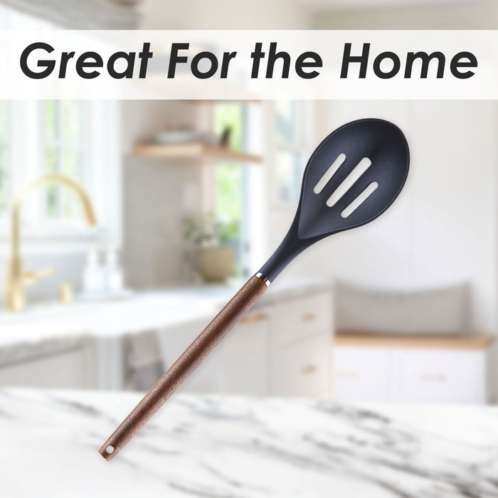 Slotted Spoon Wood Handle Acacia Wooden Heat Resistant Slotted Spoon  32cm Black