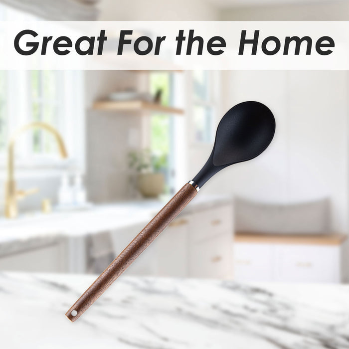 Solid Spoon Wood Handle Acacia Wooden Heat Resistant Solid Spoon  32cm Black