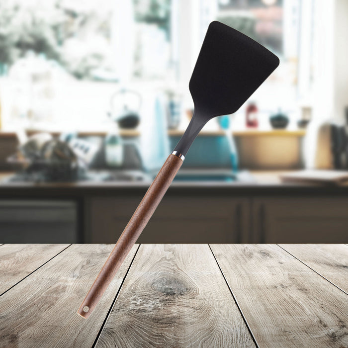 Solid Turner Wood Handle Acacia Wooden Heat Resistant Solid Turner 32cm Black