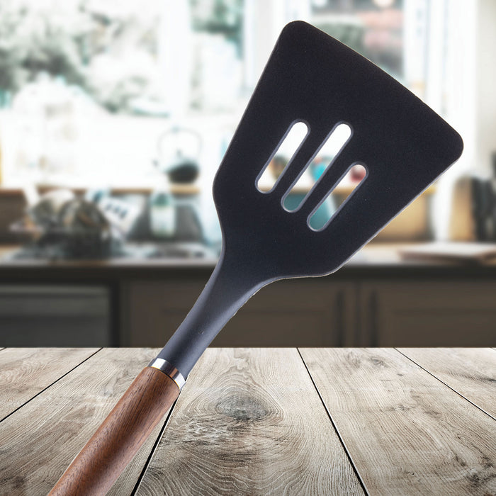Slotted Turner Wood Handle Acacia Wooden Heat Resistant Turner 32cm Black