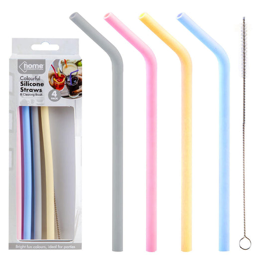 Silicone Straws Reusable 4 Pack Blue Grey Yellow Pink 4 pack Multi-Coloured