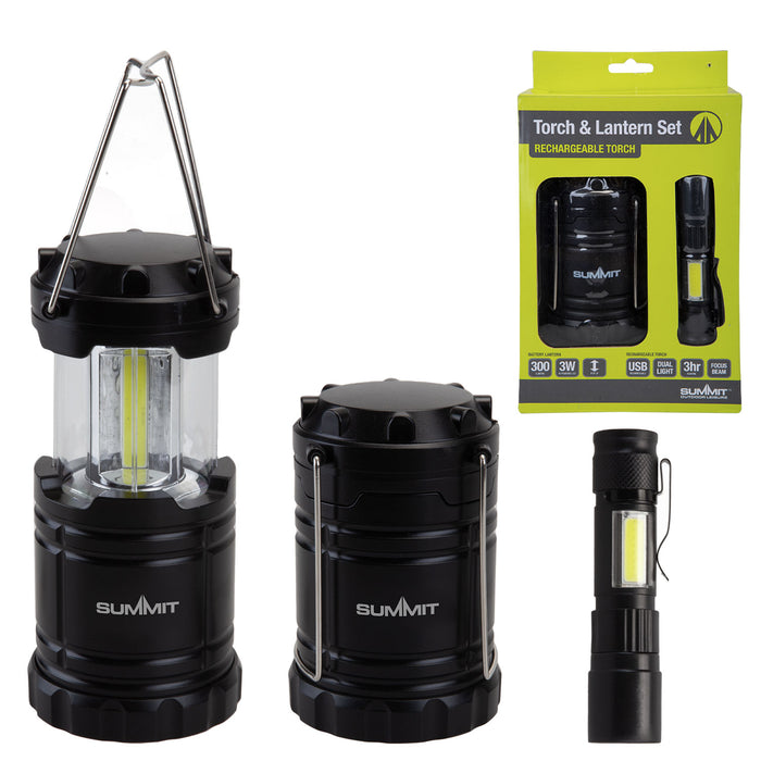 Torch And Lantern rechargeable Set USB Handle to Hang or Carry  Black 2 Set