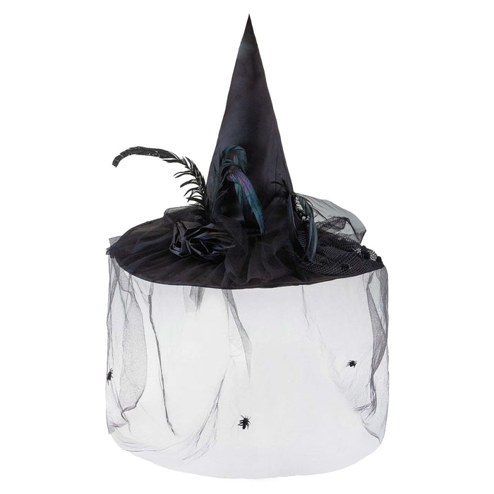 Halloween Witches Hat with Lace Feather/Rose Detail Trick or Treat 44cm Black