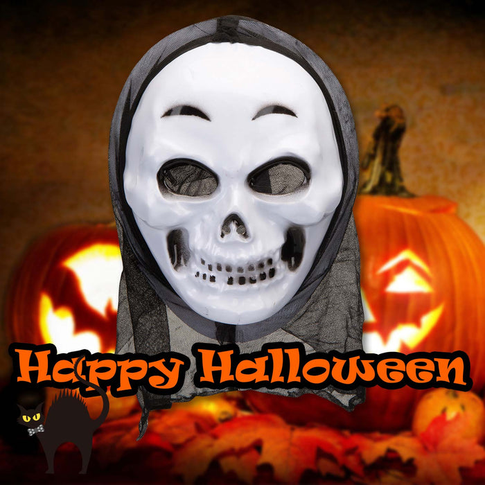 Halloweeen White Skull Mask with Hood Halloween Party, Trick or Treat 34cm White