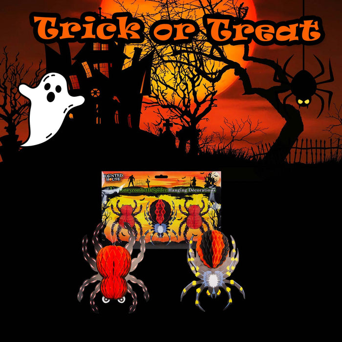 Halloween Spider Hanging Honeycomb Decoration Set of 3 Trick or Treat