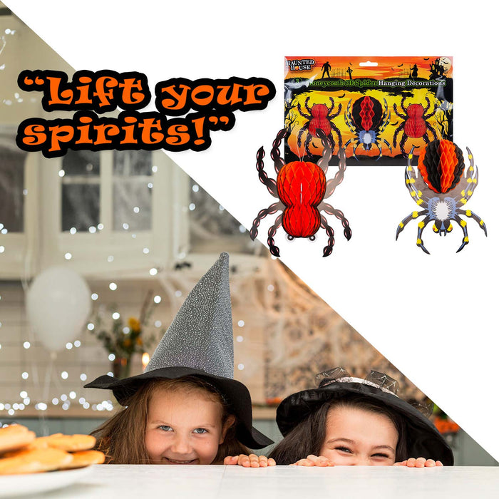 Halloween Spider Hanging Honeycomb Decoration Set of 3 Trick or Treat Party Red