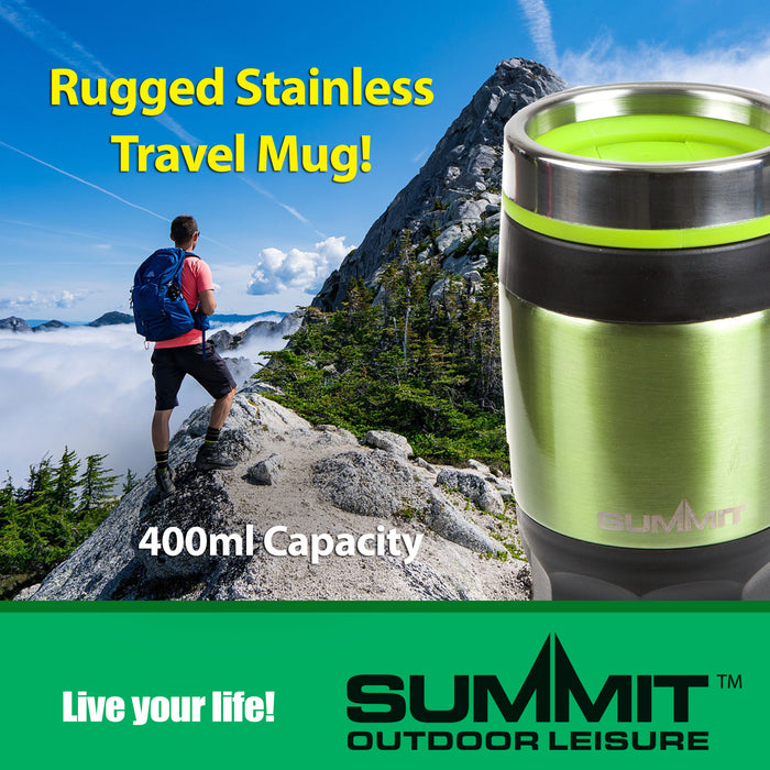 Green 400ml Travel Mug Insulated Metallic Cup - Outdoor Leisure