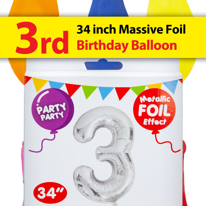 Silver Foil Number 3 Balloon 34" Metallic Party Decoration