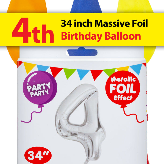 Silver Foil Number 4 Balloon 34" Metallic Party Decoration