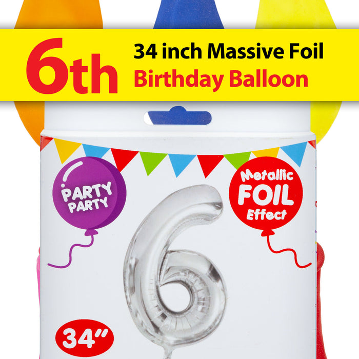 Silver Foil Number 6 Balloon 34" Metallic Party Decoration