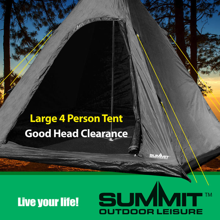 Black Four Person Tipi Tent - Summit, Camping, Holiday, Festival