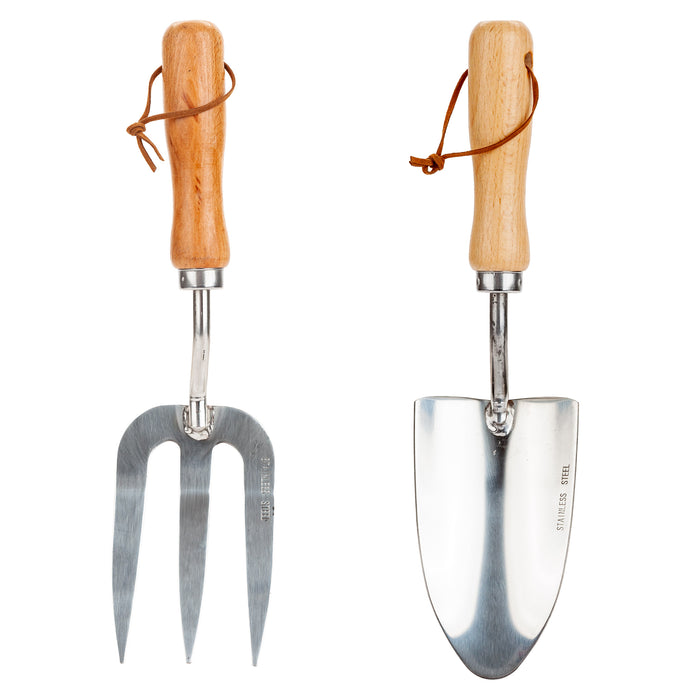 Garden Fork & Trowel Set - Stainless Steel With Wooden Handles