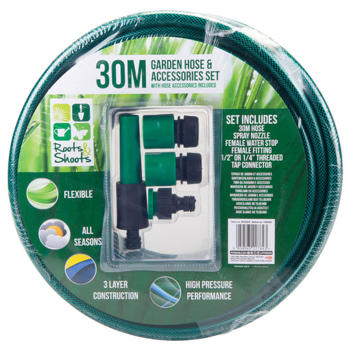 Garden Hose & Connector 4 Piece Set 30m Reinforced Pipe - Roots & Shoots