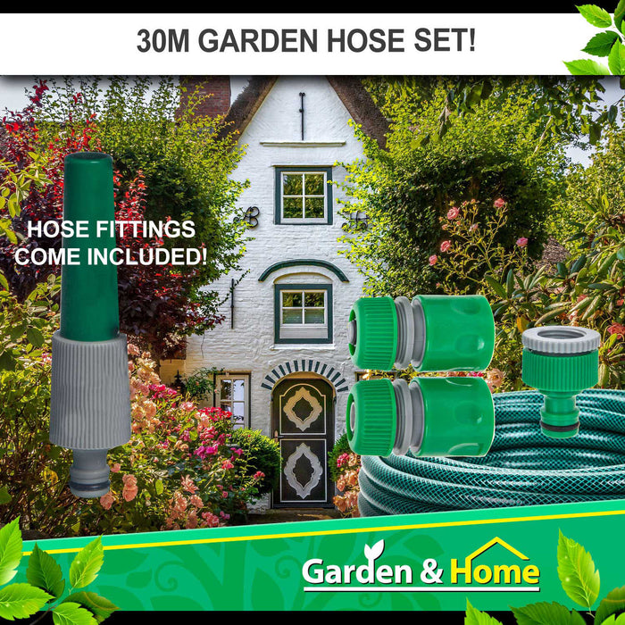 Garden Hose & Connector 4 Piece Set 30m Reinforced Pipe - Roots & Shoots