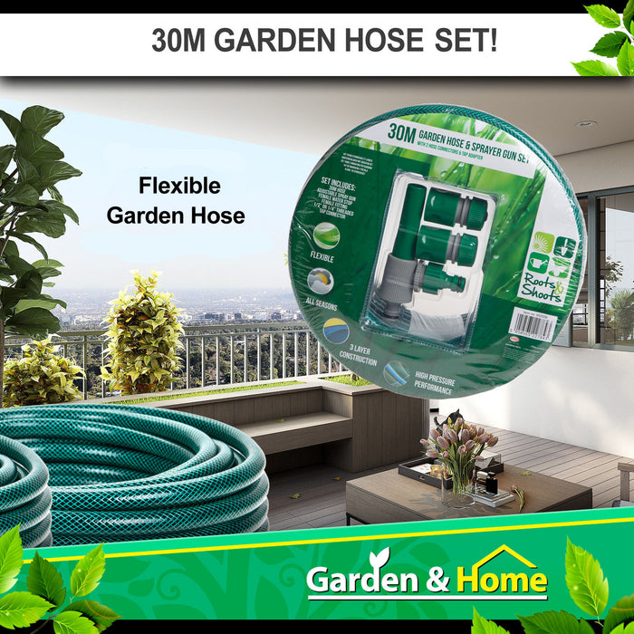 Garden Hose & Connector 4 Piece Set 30m Reinforced Pipe - Roots &