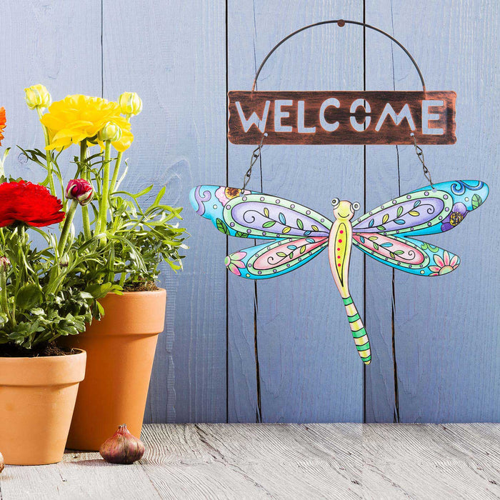 Metal Dragonfly Welcome Sign Assorted Designs Hanging Garden Decoration