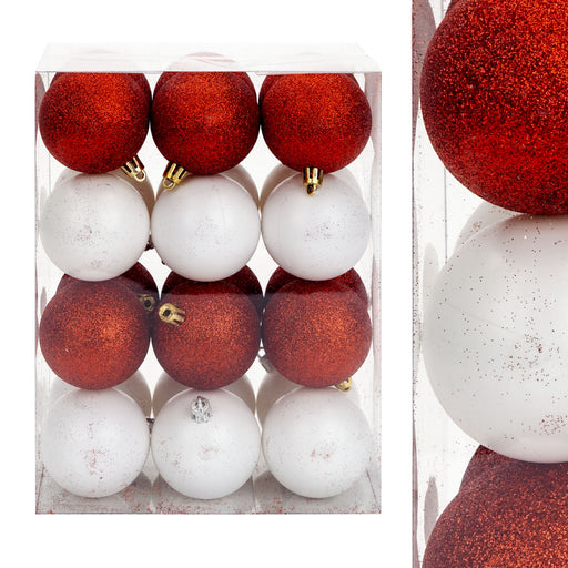 Red & White 6cm Baubles Assorted (24 Pack) - Christmas Tree Decorations