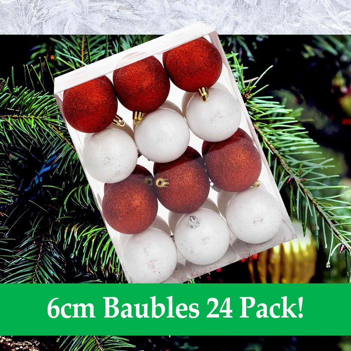 Red & White 6cm Baubles Assorted (24 Pack) - Christmas Tree Decorations