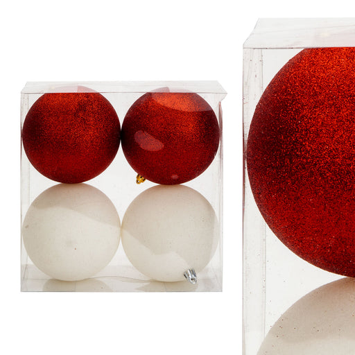 Red & White 10cm Baubles Assorted (4 Pack) - Christmas Tree Decorations