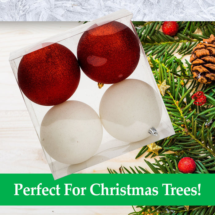 Red & White 10cm Baubles Assorted (4 Pack) - Christmas Tree Decorations