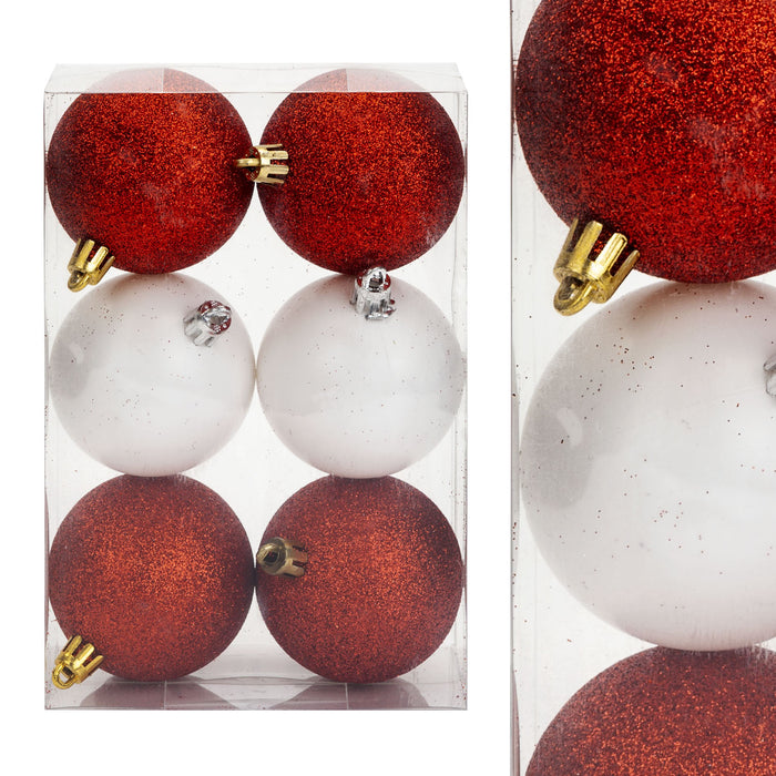 Red & White 6cm Baubles Assorted (6 Pack) - Christmas Tree Decorations