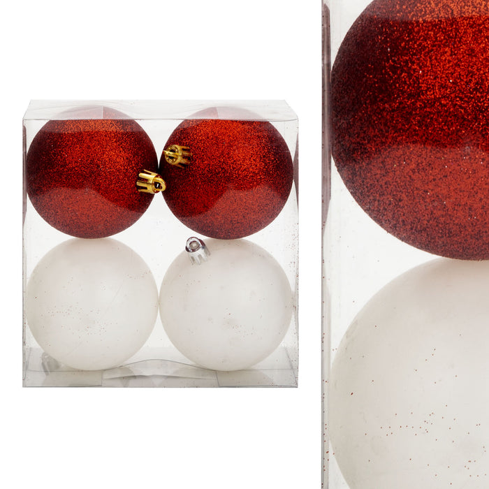 Red & White 7cm Baubles Assorted (4 Pack) - Christmas Tree Decorations