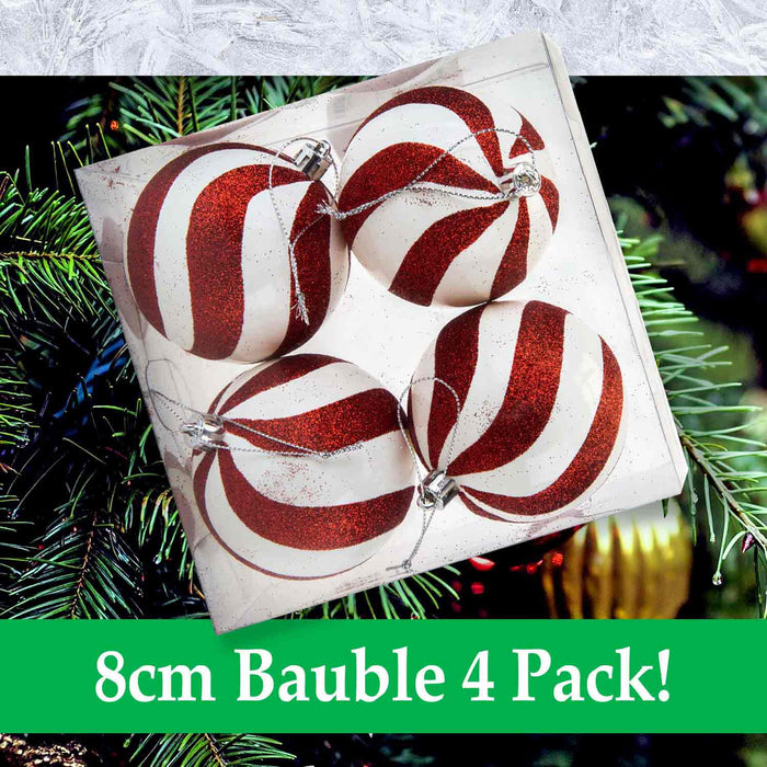 Red & White Stripe 8cm Baubles Candy Cane (4 Pack) - Christmas Decorations