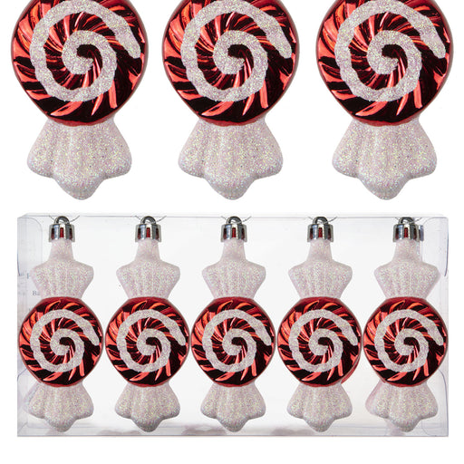 Red & White 10cm Sweet Swirl Baubles (5 Pack) - Christmas Decorations