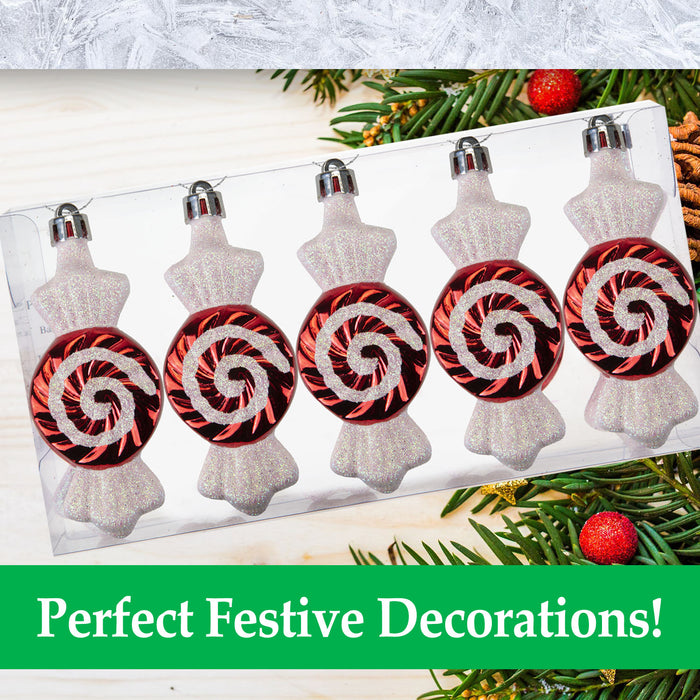 Red & White 10cm Sweet Swirl Baubles (5 Pack) - Christmas Decorations