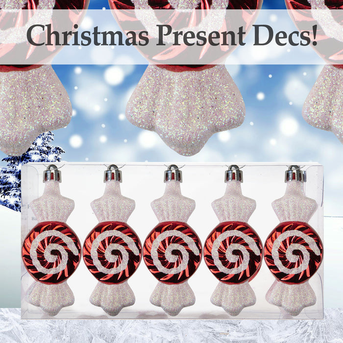 Red & White 10cm Sweet Swirl Baubles (5 Pack) - Christmas Decorations