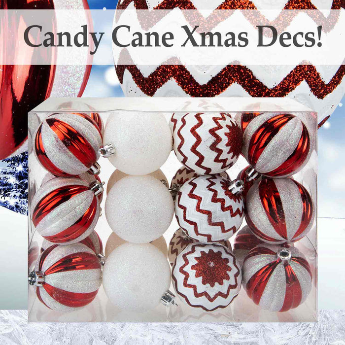 Red & White Baubles Candy Cane (24 Pack) - Christmas Tree Decorations