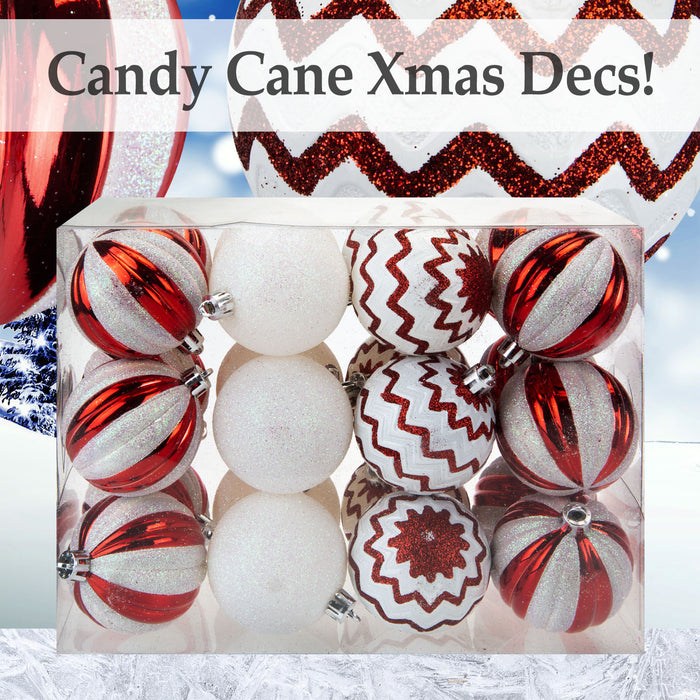 Red & White 6cm Baubles Candy Cane (24 Pack) - Christmas Tree Decorations