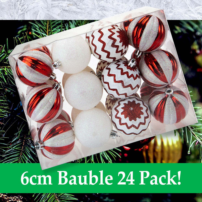 Red & White 6cm Baubles Candy Cane (24 Pack) - Christmas Tree Decorations