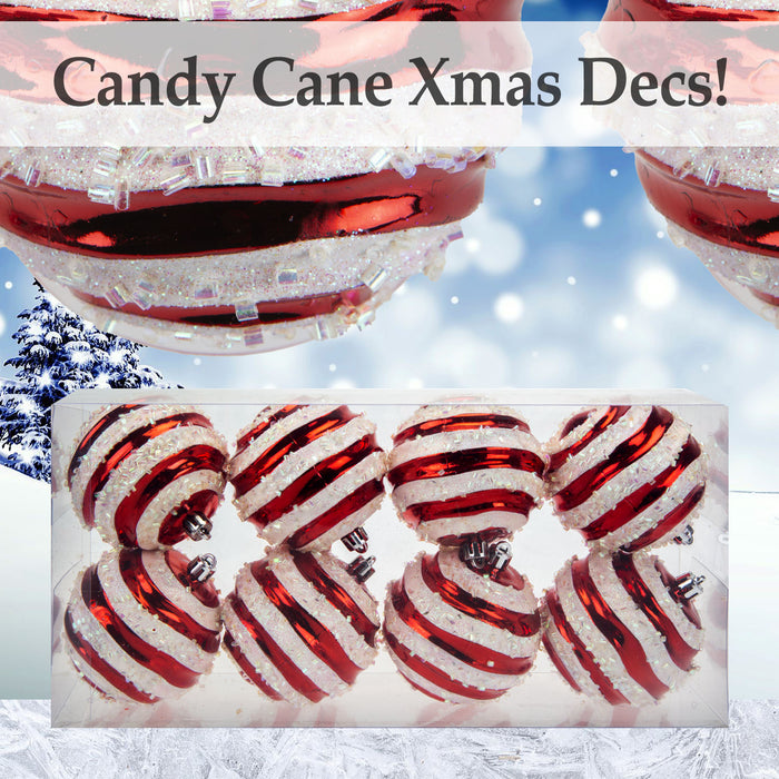 Red & White 8cm Stripe Baubles Candy Cane (8 Pack) - Christmas Decorations