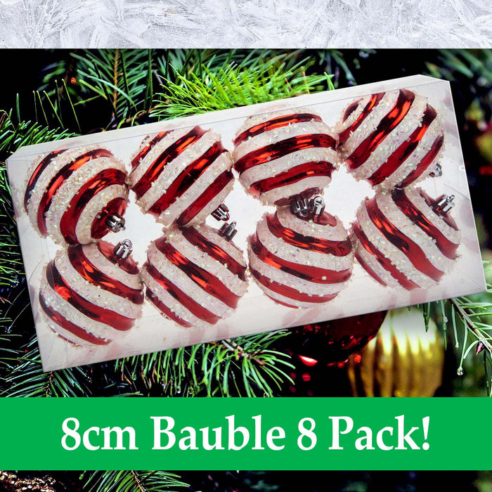 Red & White 8cm Stripe Baubles Candy Cane (8 Pack) - Christmas Decorations
