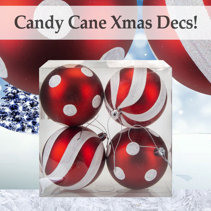 Red & White 9cm Baubles Candy Cane (4 Pack) - Christmas Tree Decorations