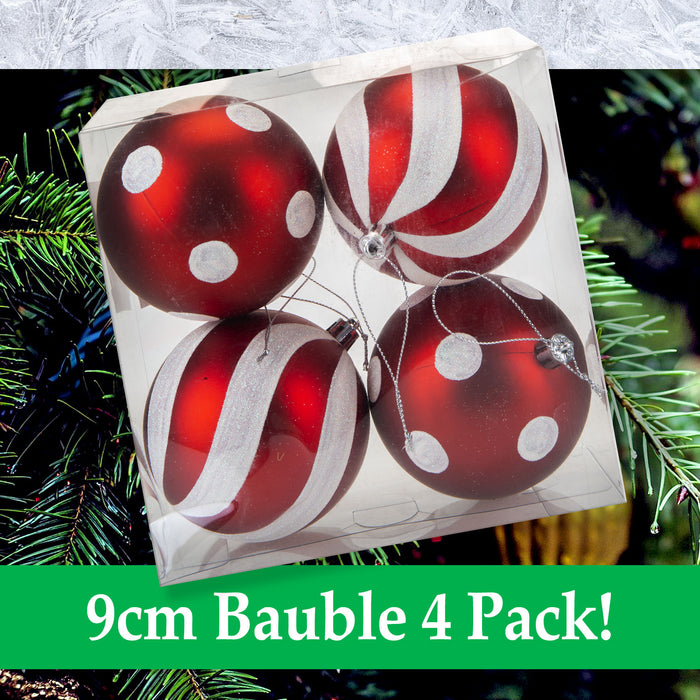 Red & White 9cm Baubles Candy Cane (4 Pack) - Christmas Tree Decorations