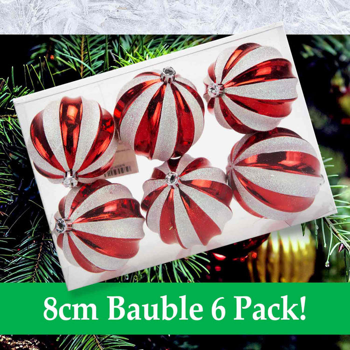 Red & White 8cm Baubles Stripe Candy Cane (6 Pack) - Christmas Decorations